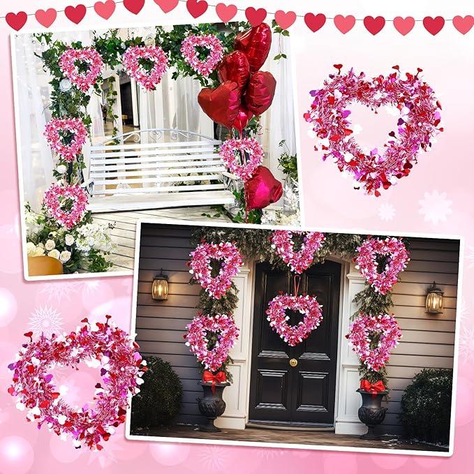 Valentine's Day Decoration Heart Wreath 8/6/3 Pcs Pink Heart Shaped Wreath for Front Door Romantic Decor Tinsel Heart Door Hanger Wreath for Window Wall Fireplaces Anniversarry Wedding Birthday Party Home Kitchen Cabinet Indoor Outdoor Spring Decor