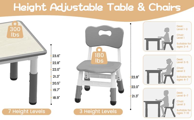 【GARVEE】Adjustable Height Table and Chair Set for Toddlers Ages 2-10, Includes One Table with Graffiti Desktop and Four Chairs, Features Non-Slip Legs, Suitable for Arts & Crafts, Daycare, Classroom, or Home Use in Grey or Natural Color 【GARVEE】Adjustable Height Table and Chair Set for Toddlers Ages 2-10, Includes One Table with Graffiti Desktop and Four Chairs, Features Non-Slip Legs, Suitable for Arts & Crafts, Daycare, Classroom, or Home Use in Grey or Natural Color