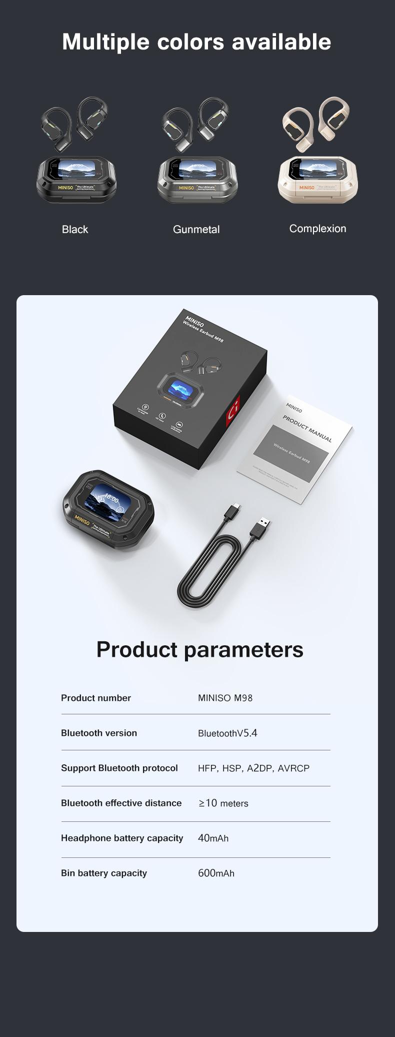 MINISO M98 Wireless Earbuds Open Ear Bluetooth 5.4 Earphones Wireless Headphones Full Color Display Touch Screen Gaming Headsets 35Hours Play time Built-in Microphone