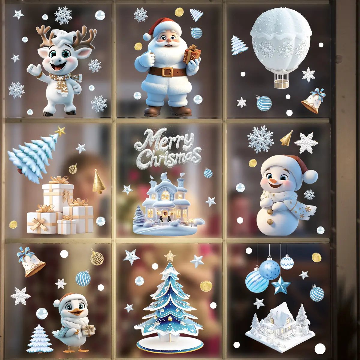 9 Sheets/set Christmas Window Stickers, Window Decals for Glass Windows, Cute Santa and Snowman Designs, Static Cling Decorations for Mall New Year Events