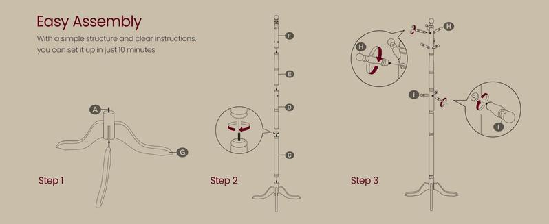 SONGMICS HOME VASAGLE Solid Wood Coat Rack and Stand, Free Standing Hall Coat Tree with 10 Hooks, for Entryway, Hallway, Rubberwood