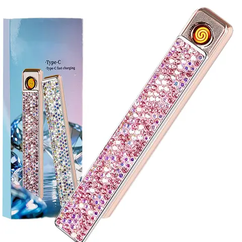 Pink Rhinestone Metal Body USB Rechargeable Lighter - Hand-Set Stones, 2-Side Glow, Flameless, Windproof, Corrosion Resistant, Portable, Slim, Pocket-Carry, Auto Power Off, Eco-Fuel Free, Universal Fit, Ideal for Candles, Gifts (Lighter Accessories)