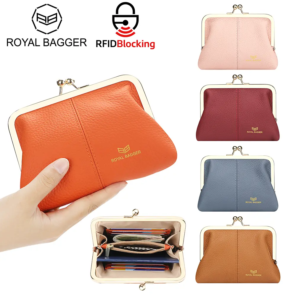 Royal Bagger Women's Genuine Leather Chic Casual Minimalist RFID Blocking Kiss Lock Coin Purse - Ladies RFID Pouch Wallet with Multiple Card Slots, Ladies Wallet, Basic, Plain, Multi-Compartment, Lightweight, Athletic, Wallets For Women