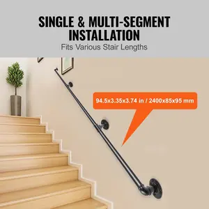 【FathersDayGift】VEVOR Pipe Stair Handrail,  , 8FT Staircase Handrail, 440LBS Load Capacity Carbon Steel Pipe Handrail, Industrial Pipe Handrail with Wall Mount Support, Round Corner Wall Handrailings for Indoor, Outdoor