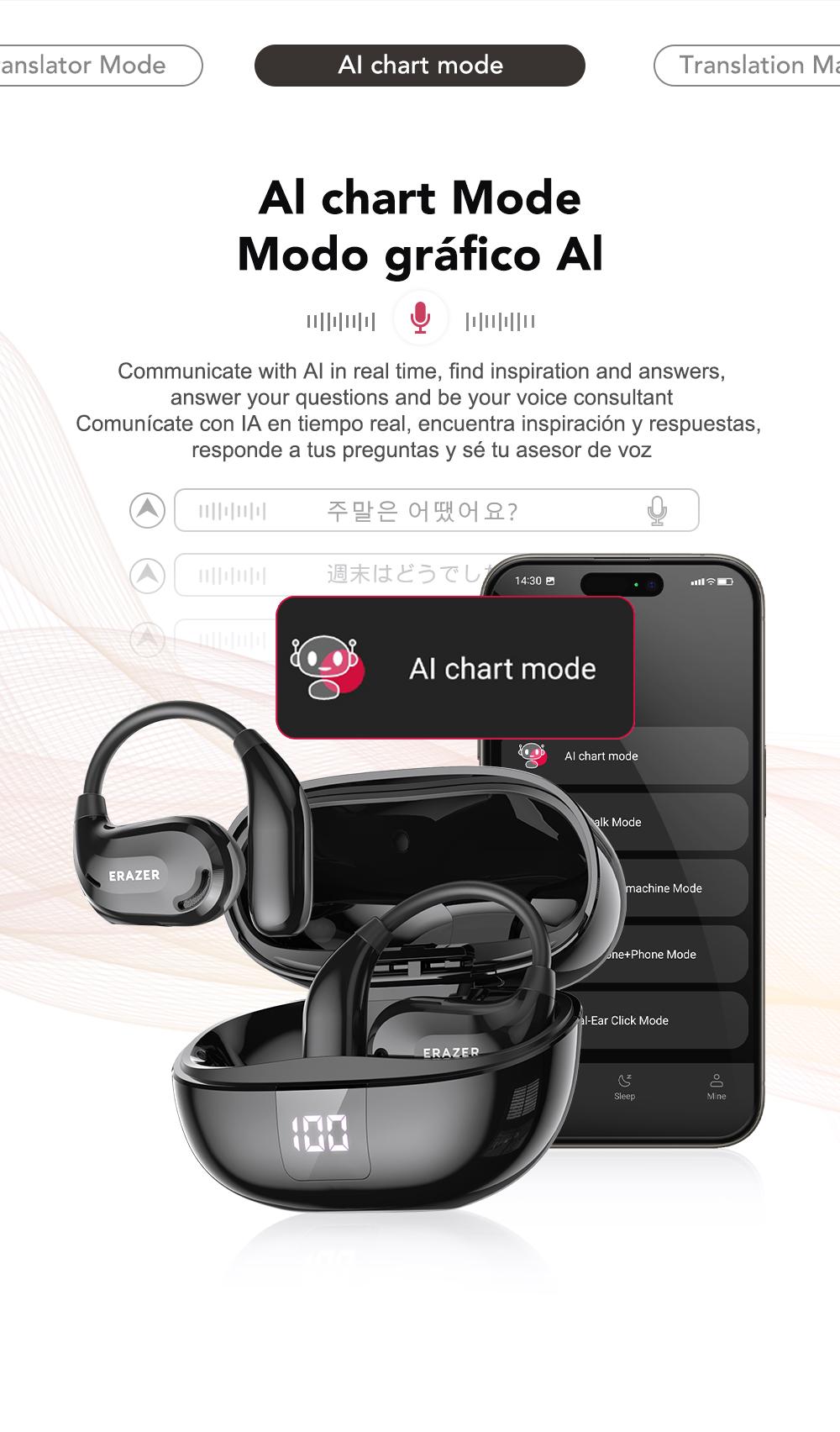 ERAZER XT66Pro OWS Translation Wireless Bluetooth Earphones Support 135 Languages Real Time Bluetooth Translation Earbuds HIFI Sound Quality Light-Weight Headphones Built-in Microphone Support Phone Calls Music AI Chat