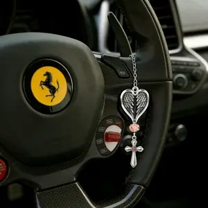 Guardian Angel Wing Keychain Pendant Stainless Steel Hollowed Out Heart Necklace Rose Crystal Cross Car Suspension Gift Bag Charm Spiritual Rearview Mirror Ornament