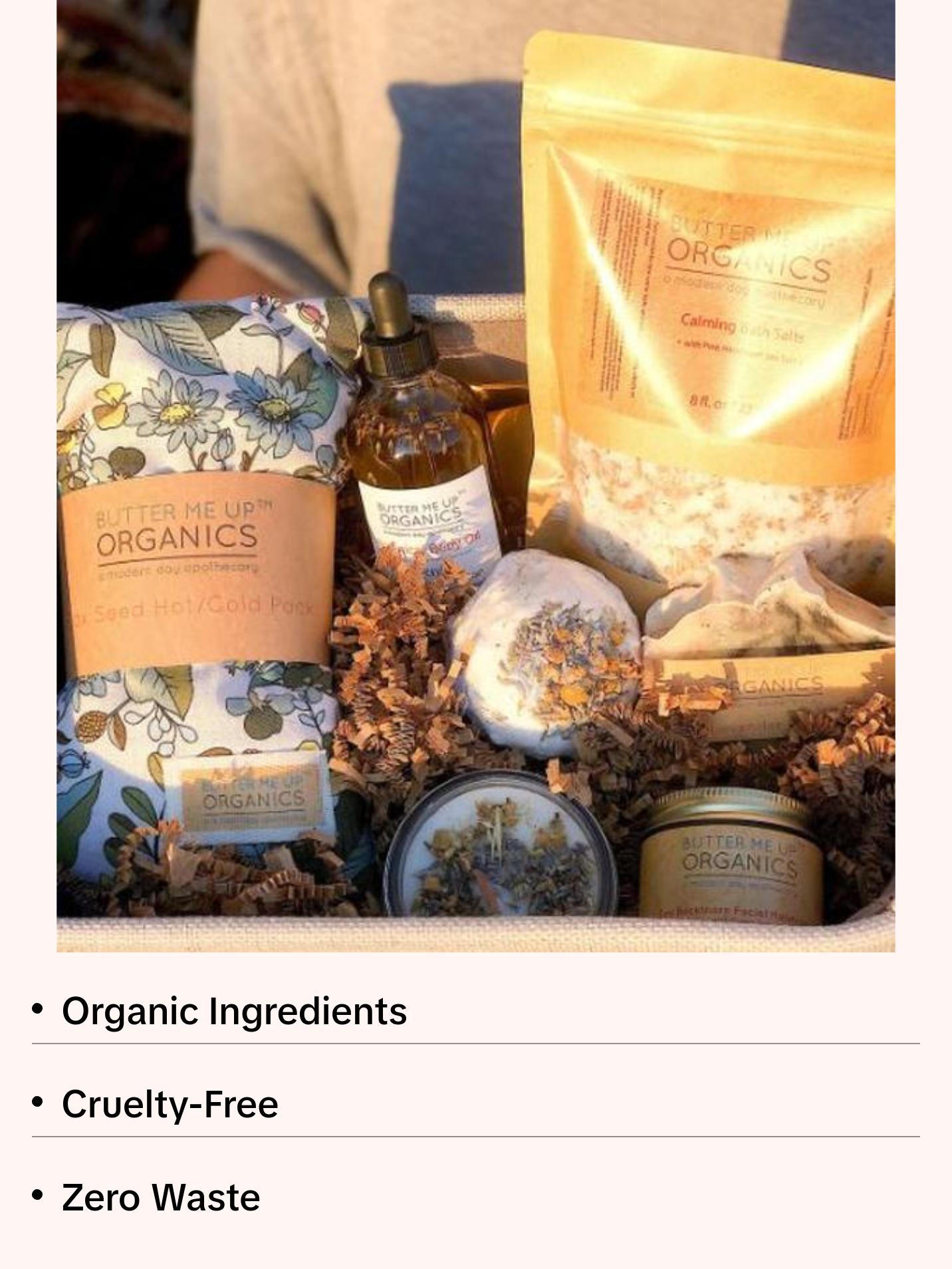 Butter Me Up Organics Women's Premium Gift Set - Bridesmaid's Present with Herbal Bath Salt Blend Bath Bomb Flax Seed Hot Cold Pack Body Oil Soap Bar Ritual Candle & Facial Moisturizer Organic Cruelty Free Non Toxic