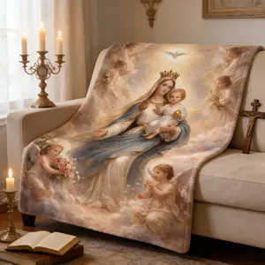 Virgin Mary & Baby Jesus in Heaven Flannel Blanket Soft Cozy Plush Throw Perfect Religious Gift for Catholics Christians Warm Snuggle Blanket for Bedroom Prayer Room Classic Sacred Art Design