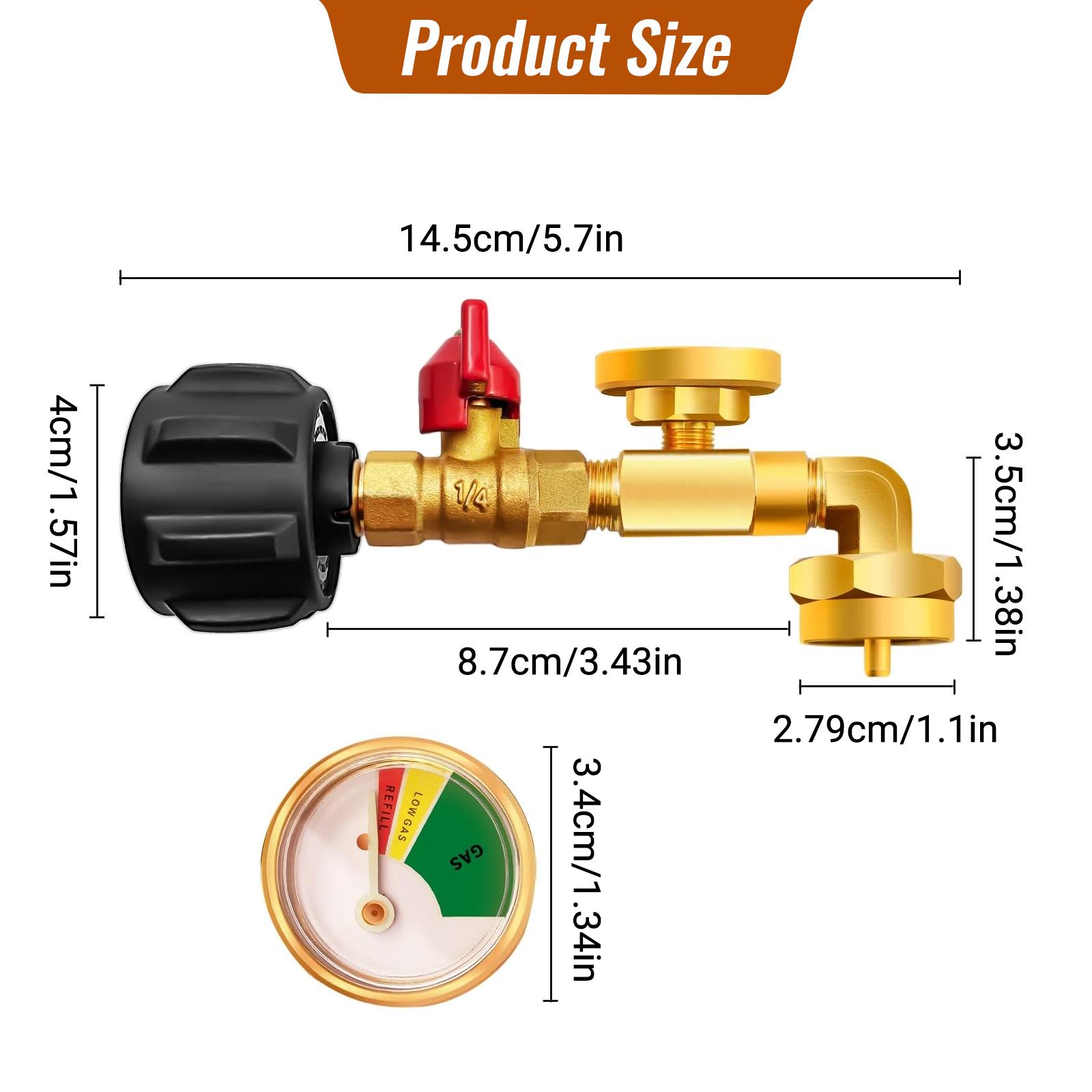 Propane Refill Adapter for 1 LB. Tanks with Luminous Gauge, Refillable Propane Cylinder 1 LB, 5-40 LB Tank Filling, 90-Degree Elbow, Metal Hardware for Industrial Use