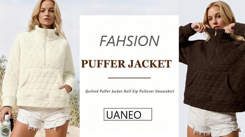 UANEO Women's Quilted Puffer Jacket Half-Zip Pullover Sweatshirt Long Sleeve Lightweight Fall Casual Oversize Warm Outerwear UANEO Women's Quilted Puffer Jacket Half-Zip Pullover Sweatshirt Long Sleeve Lightweight Fall Casual Oversize Warm Outerwear