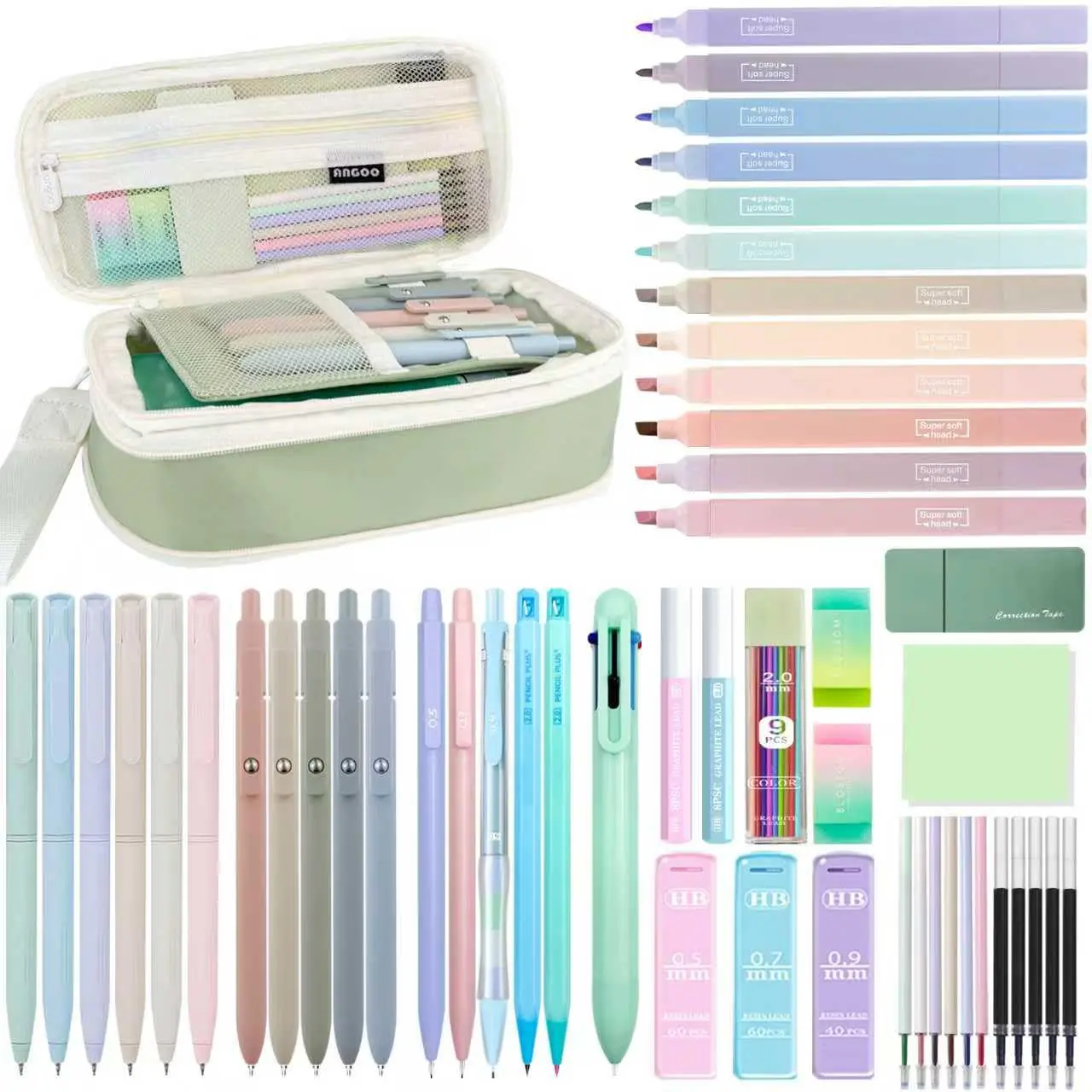 Back to school 54X Aesthetic School Supplies with Green Pencil Case for Students | 12 Highlighters, 6 Multicolor Gel Pens, 5 Black Gel Pens, 1 Ballpoint Pen, 5 Mechanical Pencils Essentials for College tiktokshopbacktoschool