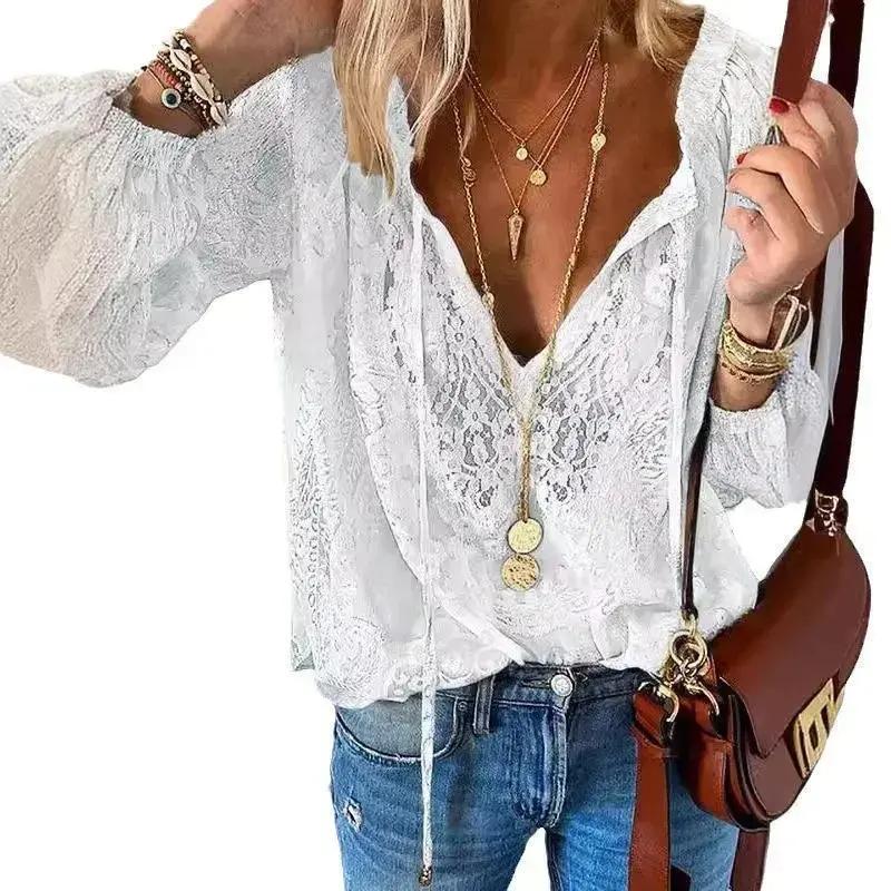 2026 blouse Women's Blouses Spring Summer Fashion Boho Lace Hollow Out Deep V Neck Pullover Shirt Women Elegant Casual Blouse Female Tops White Formal women's summer outfits Fabric Soft Womenswear Chic