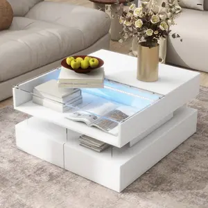 U-Can Lift-Top Coffee Table with 2 Drawers, Modern Square Coffee Table with Glass Top and High-Gloss Finish, Hidden Space and LED Lights for Living Room smart  table