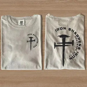 Comfort Colors Iron Sharpens Iron Christian Gym Shirt, Proverbs 27:17 Bible Verse Cross Barbell T-Shirt, Faith Fitness Religious Tee, Christian Gift for Men Women