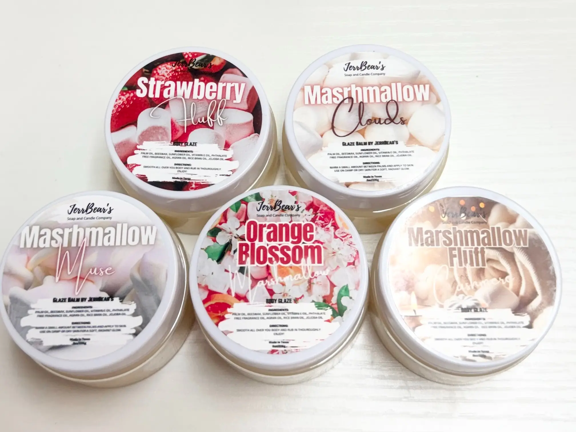 Glaze Balm by JerrBear's Sample Pack - 5 OR 10 Mini 1oz Jars of Ultra-Rich Glaze for Soft Glowing Skin - Scents Scented Moisturizer Nourishing Silky Blend Hydrating Moisture Cream Floral Strawberry
