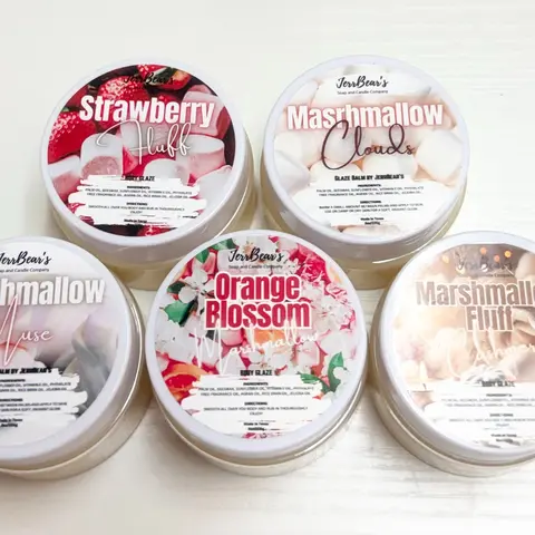 JerrBear's Glaze Balm Sample Pack - 5 or 10 Mini 1oz Body Care Jars, Fluffy Ultra-Rich Nourishing Silky Balm for Soft Glowing Skin, Scented with Jasmine, Papaya, Raspberry, Pineapple, Lemon, Sugar