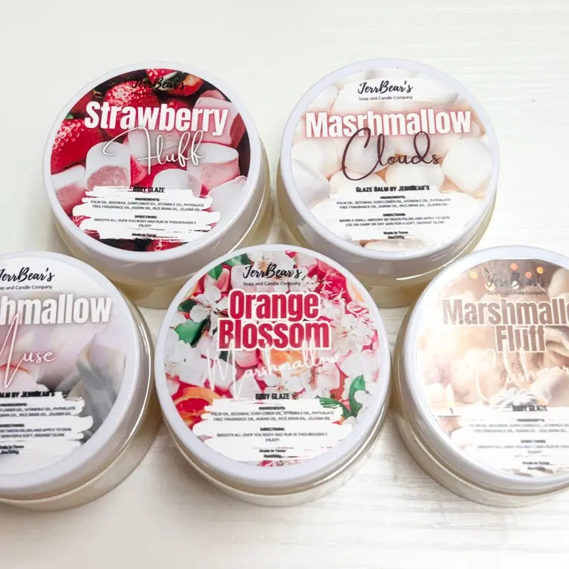 JerrBear's Glaze Balm Sample Pack - 5 or 10 Mini 1oz Body Care Jars, Fluffy Ultra-Rich Nourishing Silky Balm for Soft Glowing Skin, Scented with Jasmine, Papaya, Raspberry, Pineapple, Lemon, Sugar
