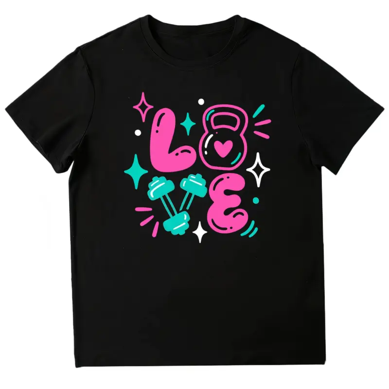 Women'S Fitness Gym T-Shirt Funny Kettlebell Dumbbell LOVE Graphic Tee Black Short Sleeve Workout Top Athletic Training Apparel Gift for Weightlifting Enthusiasts Yoga Running Shirt, Plus Size
