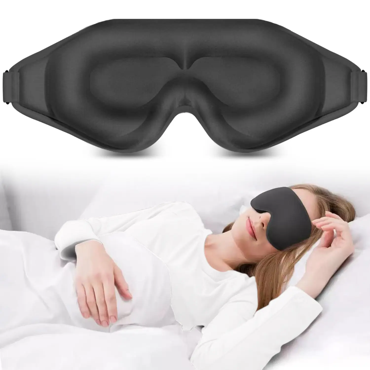 Sleep Eye Mask, 3D Deep Contoured, Light Blocking Nose Pad, Hypoallergenic Memory Foam, Adjustable Strap, No Pressure on Eyes Night Mask