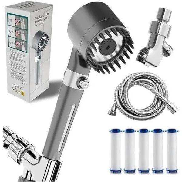 Tired of Weak Water Pressure? Handheld Filter Shower Head with High-Pressure Boost! 4-Setting Massage Spray, 60" Hose, Chrome Finish, One-Touch Water Stop, Adjustable Flow, Easy Install Low Flow Filtered Showerhead for Home Bathroom