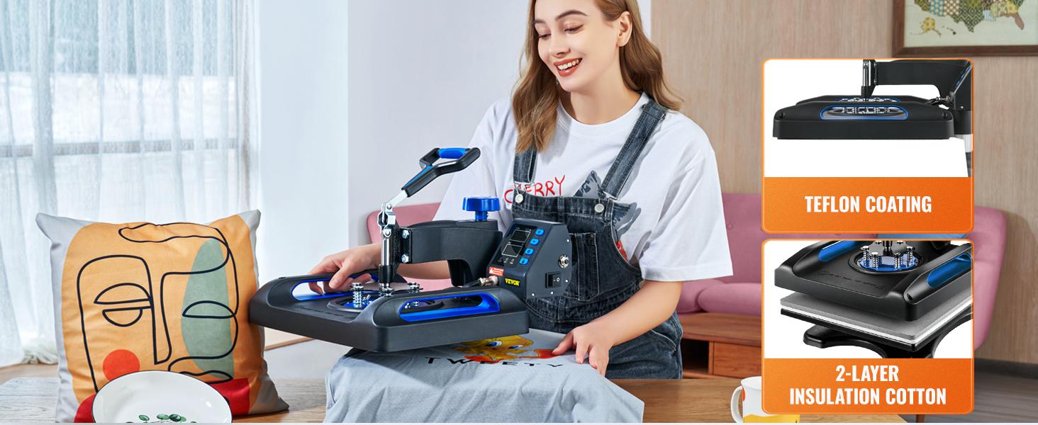 VEVOR Heat Press Machine 15 x 15 Inch 8 in 1 Heat Press 800W Sublimation Machine 360° Rotation Swing Away 8 in 1 Shirt Printing Machine Dual-Tube Heating for DIY T-Shirts Cap & Mugs