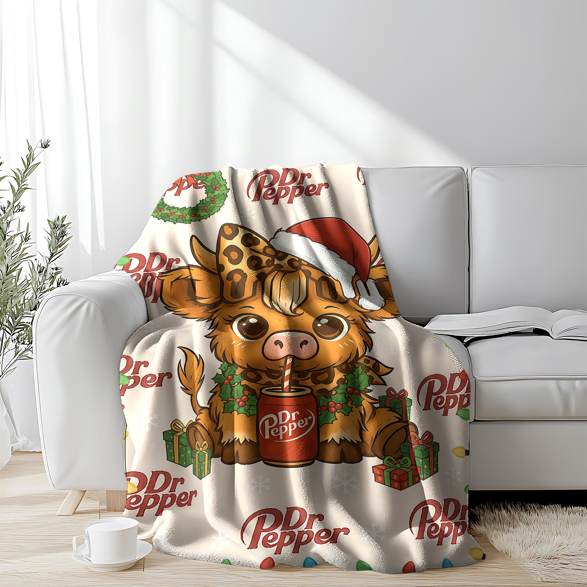 Cartoon Cute Highland Cow Pattern Blanket Dr Pepper Soft Warm Throw Blanket soft fluffy slogan print fleece decorative giftable heartfelt gift