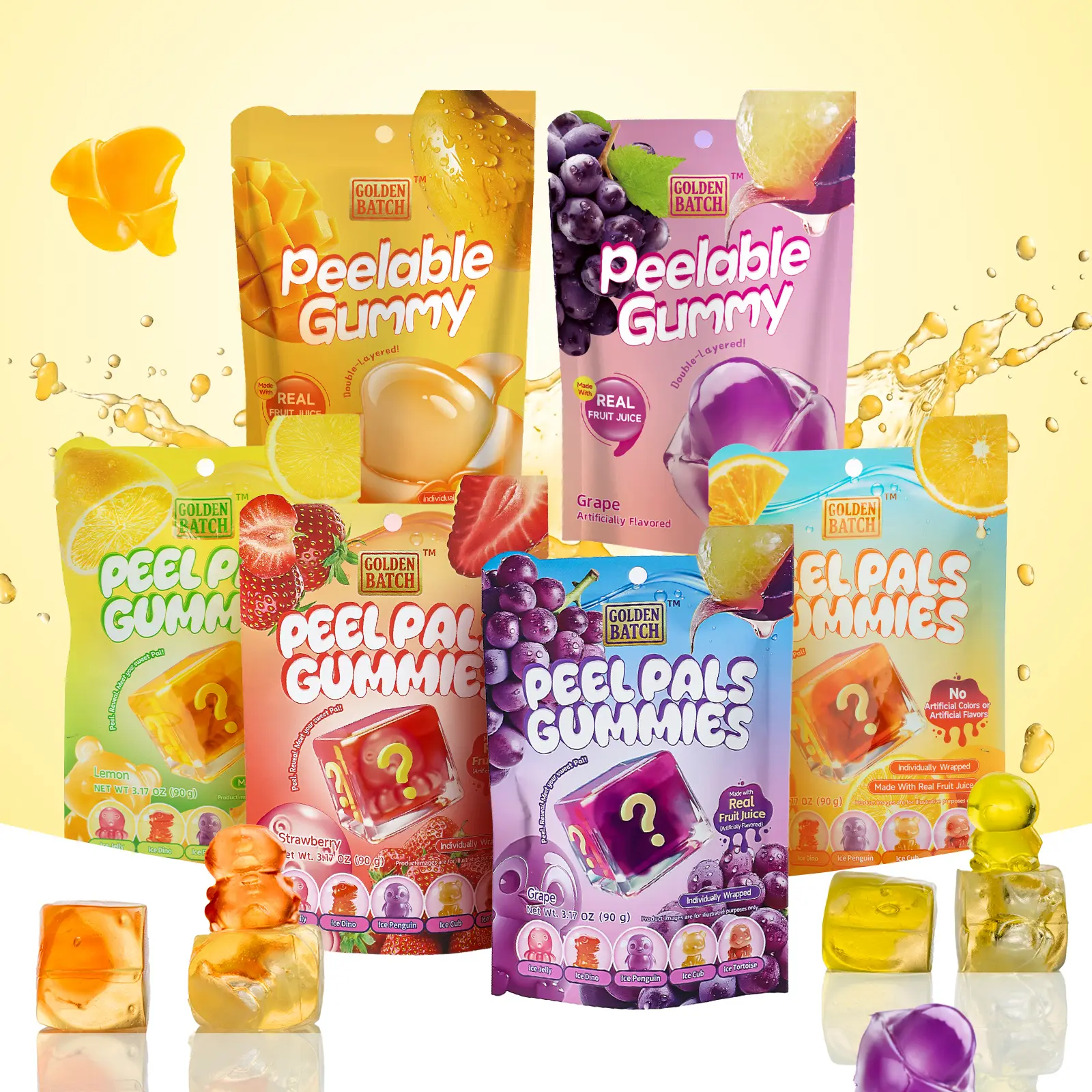 GOLDEN BATCH Double-Layer Peelable Gummies | 6-Flavor Fruit Variety Pack (Mango, Grape, Strawberry, Lemon, Orange) | Halal Certified Candy Made with Real Fruit Juice | 4 Packs