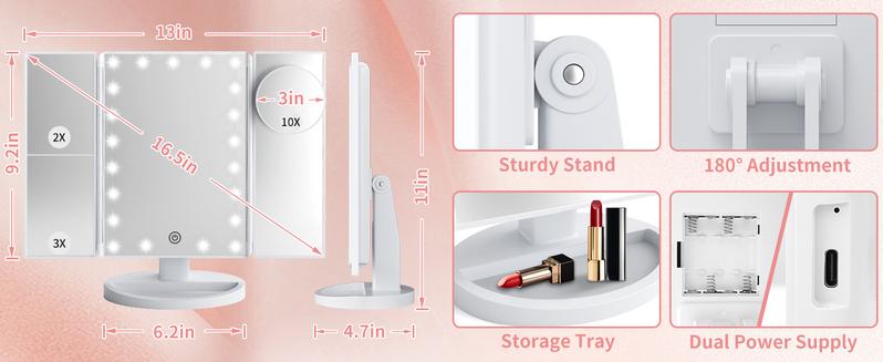 Makeup Mirror Vanity Mirror LED Lights 2X 3X 10X Magnification Portable Desk Mirror Touch Control  Dresser Suitable for Adults & Gift “Outdoorfun”