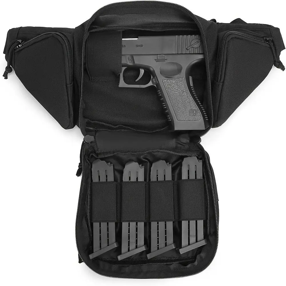 Black Tactical Waist Pack, Oxford Cloth Concealed Carry Fanny Pack, 4-Cartridge Clip Hidden Gun Holder, Waterproof Zipper Belt Bag, EDC Accessory Hunting Gear