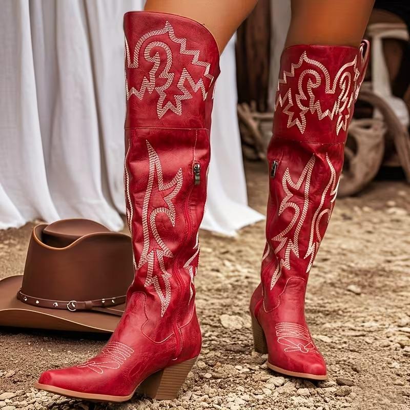 Knee High Tall Cowboy Boots Women Vintage Embroidered Pointed Platform Over the Knee Cowgirl Boots Fashion Square Toe Chunky Heel Western Over-The-Knee Vacation Boots SpringStatements