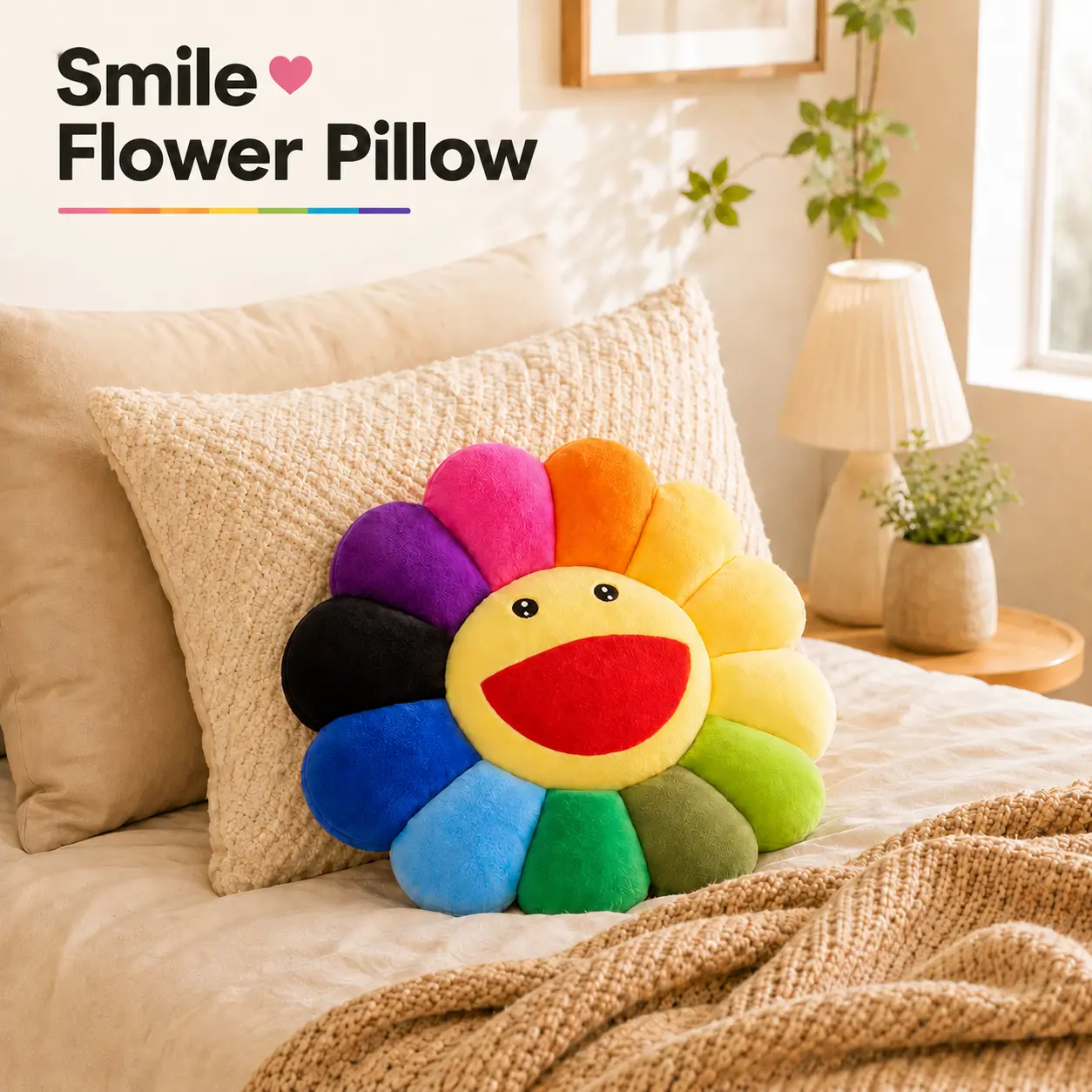 MIUVA Smile Face Plush Rainbow Pillow, Sunflower Indie Decor Plush Pillow, Soft & Comfortable Flower Floor Pillow for Home, Bedroom, Living Room & Tapestry Decor | Deals For You, Mid Year Sale, Restock, Summer Wins Decoration Items Decorations Supplies