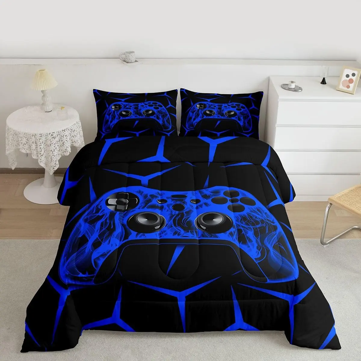 Gamer Bedding Set,Gamepad Comforter Set for Kids Boys Girls Teens,Gaming Gifts Comforter Game Controller Blue Duvet Set