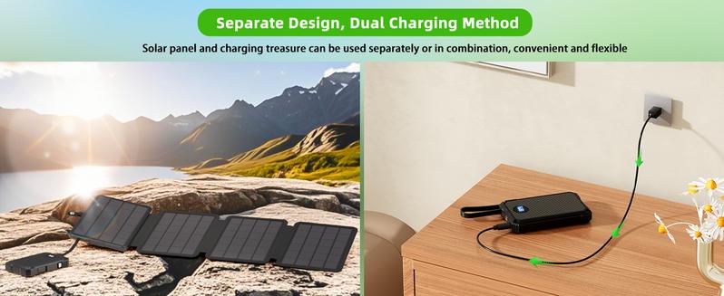 10000mAh Solar Power Bank, Detachable Solar Panel, 14W Foldable, Magnetic Charging, 5 Port Fast Charging, IPX5 Waterproof, Works Separately for Phones/Tablets, Camping Outdoor