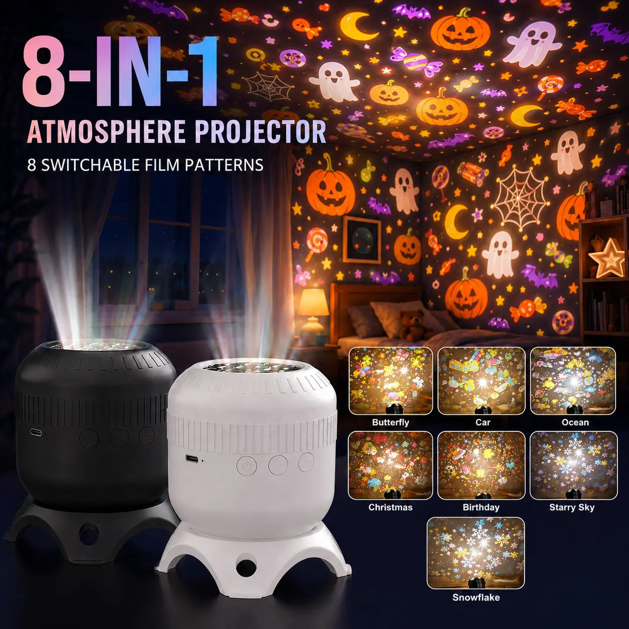 8-IN-1 Projector Light, New Christmas Birthday Holiday Atmosphere Light, Interchangeable Films Starry Sky Projector, Kids Fun Night Light, Ideal Holiday Gift for Children， decorative lamp