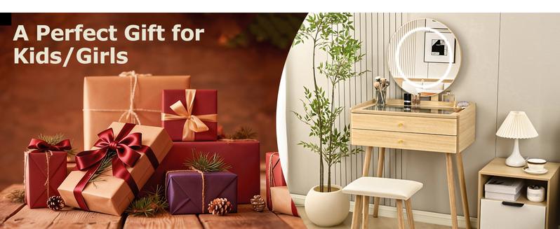 Small Wood Vanity Desk with Mirror & Lights Space-Saving Makeup Table with Drawers Adjustable Brightness Elegant Functional Vanity for Narrow Spaces