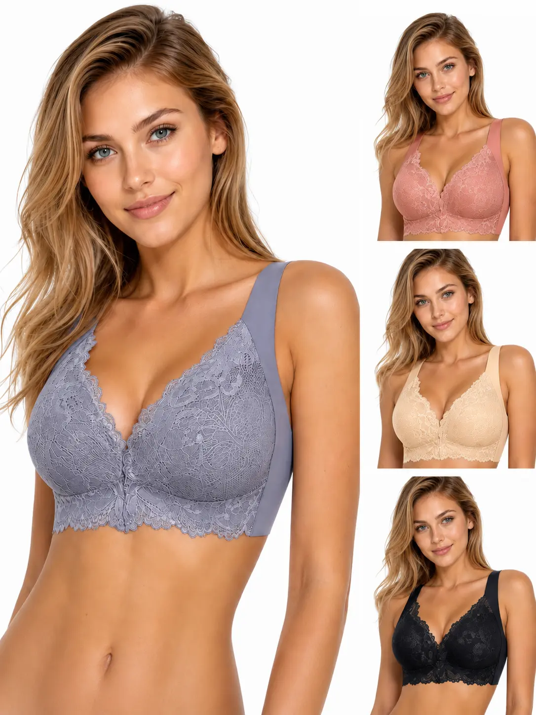 Women's 4-Pack Elegant Floral Lace Bras, Sexy Front Closure Bralettes with Wire-Free Comfort, Wide Straps, and Soft Medium Support, Comfortable, Light, Set 1 Black Everyday, Slimming