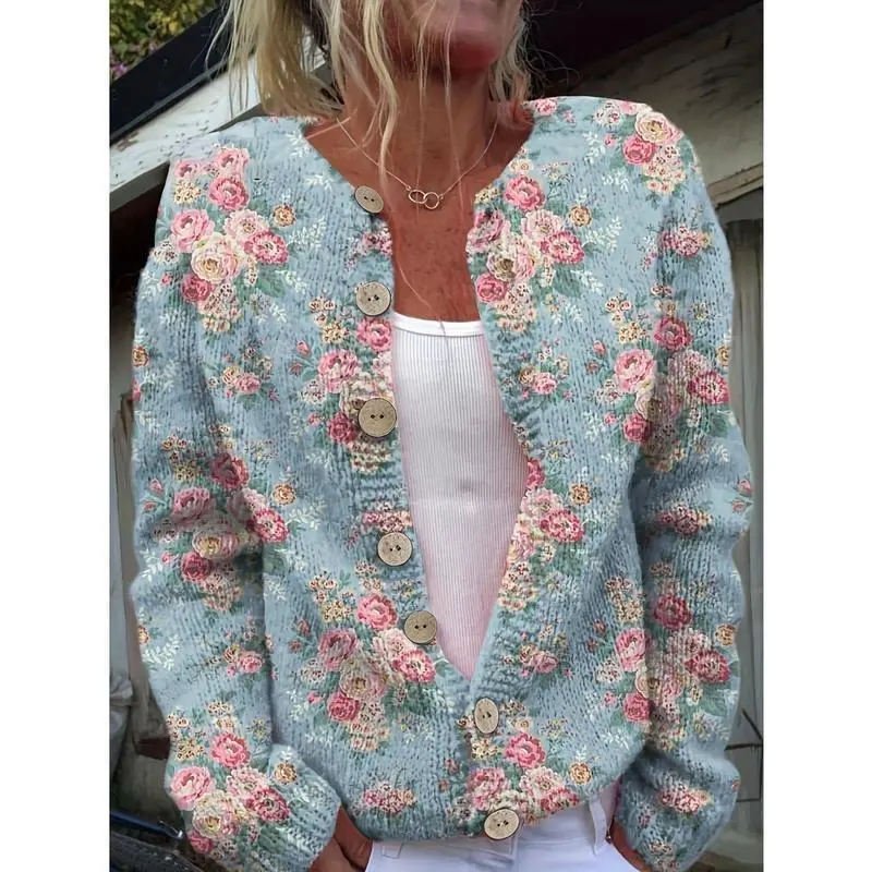 Plus Size, Women's Light Blue Floral Print Cardigan Sweater Coat - Soft Polyester Blend All-Season Lightweight Jacket with Front Button Closure, Long Sleeve Casual Outerwear, Pastel Spring Colors (Pink/Green/Blue/Purple) for Everyday & Form Plus Size, Women's Light Blue Floral Print Cardigan Sweater Coat - Soft Polyester Blend All-Season Lightweight Jacket with Front Button Closure, Long Sleeve Casual Outerwear, Pastel Spring Colors (Pink/Green/Blue/Purple) for Everyday & Form