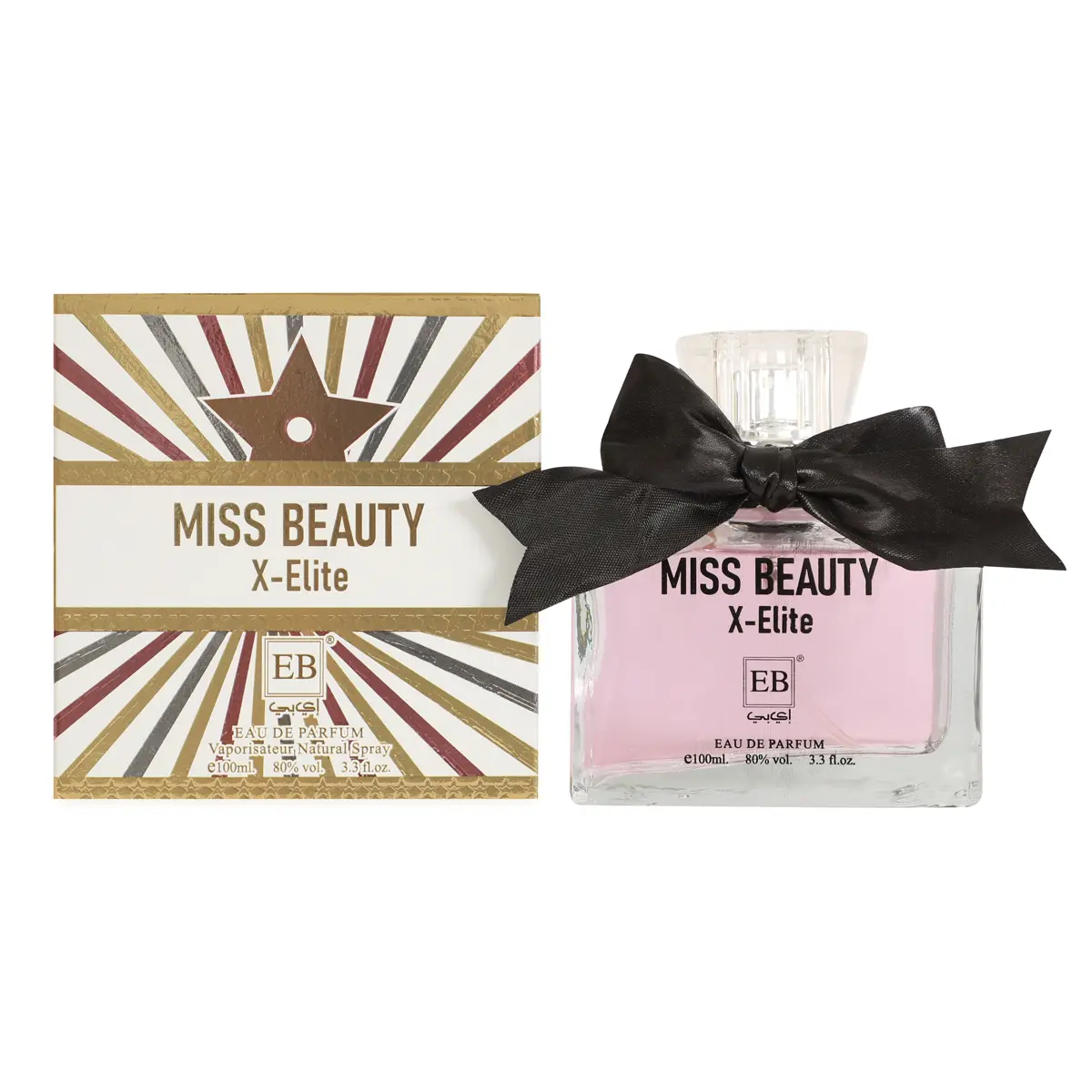 EBC Miss Beauty X-Elite Eau de Parfum 100ml - Elegant Pink Bottle with Black Bow - Perfect for Special Occasions