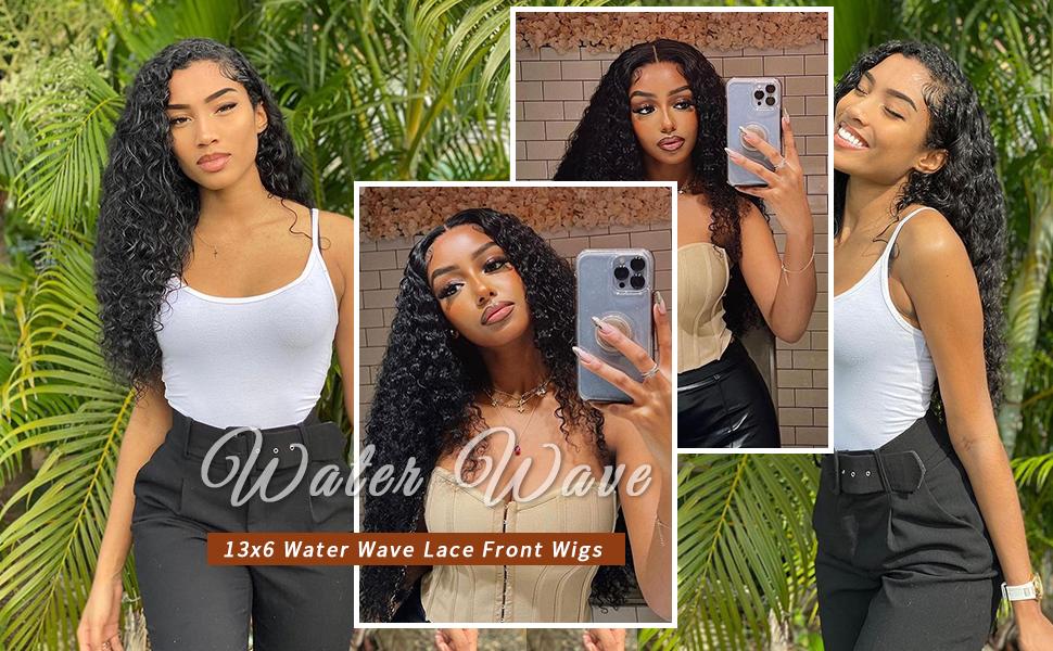 Water Wave 13x6 Lace Front Wigs Human Hair Pre Plucked 180% Density HD Transparent Water Wave Lace Frontal Wigs Human Hair for Women Curly Lace Front Wigs Natural Color