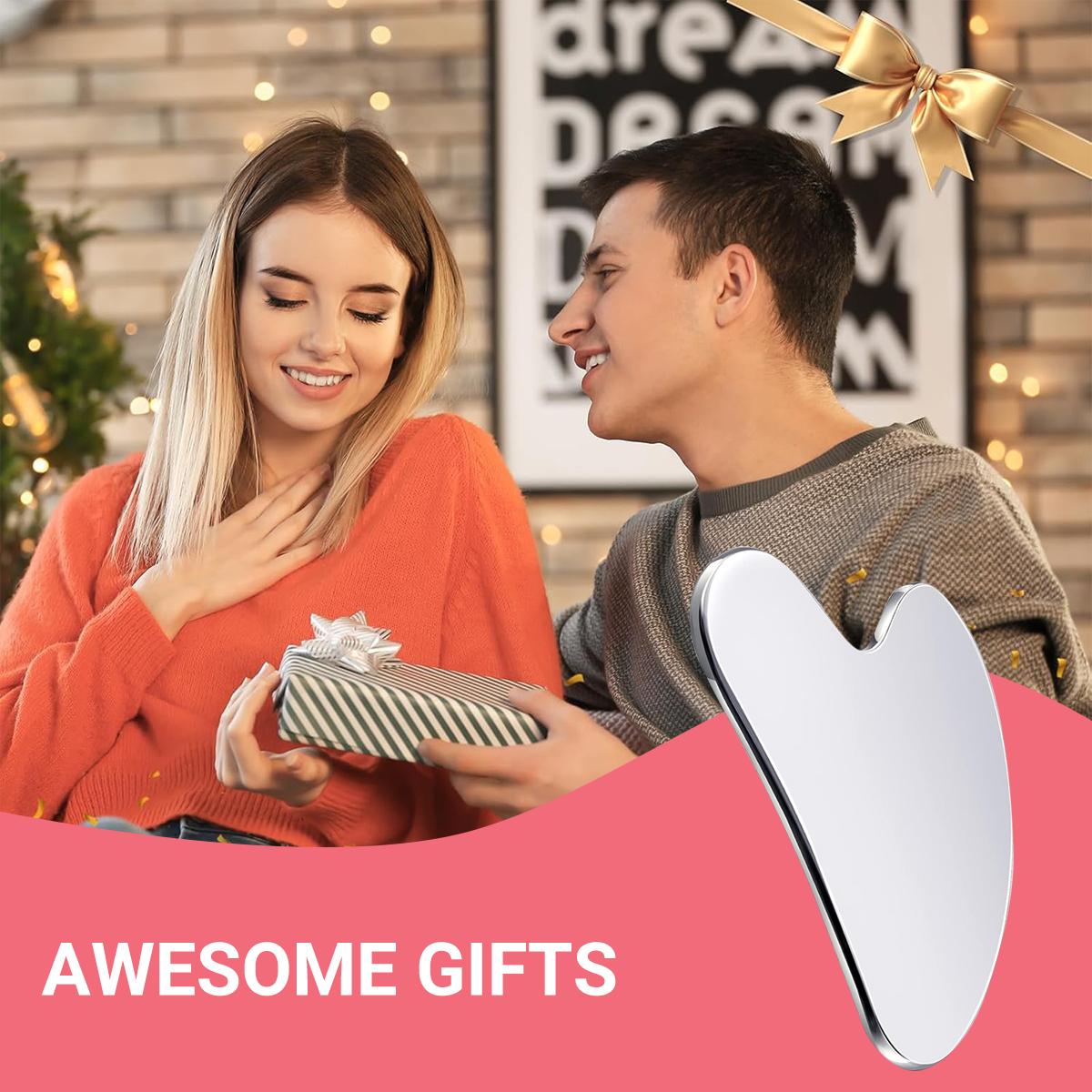 Premium Thick Steel Gua Sha Scraper with Leather Storage Case, Facial Beauty Instrument, Durable V-Face Sculpting & Face Lifting Tool, Luxe Skincare Massage Device for Spring Glow-Up Routine Face Dermaplaning