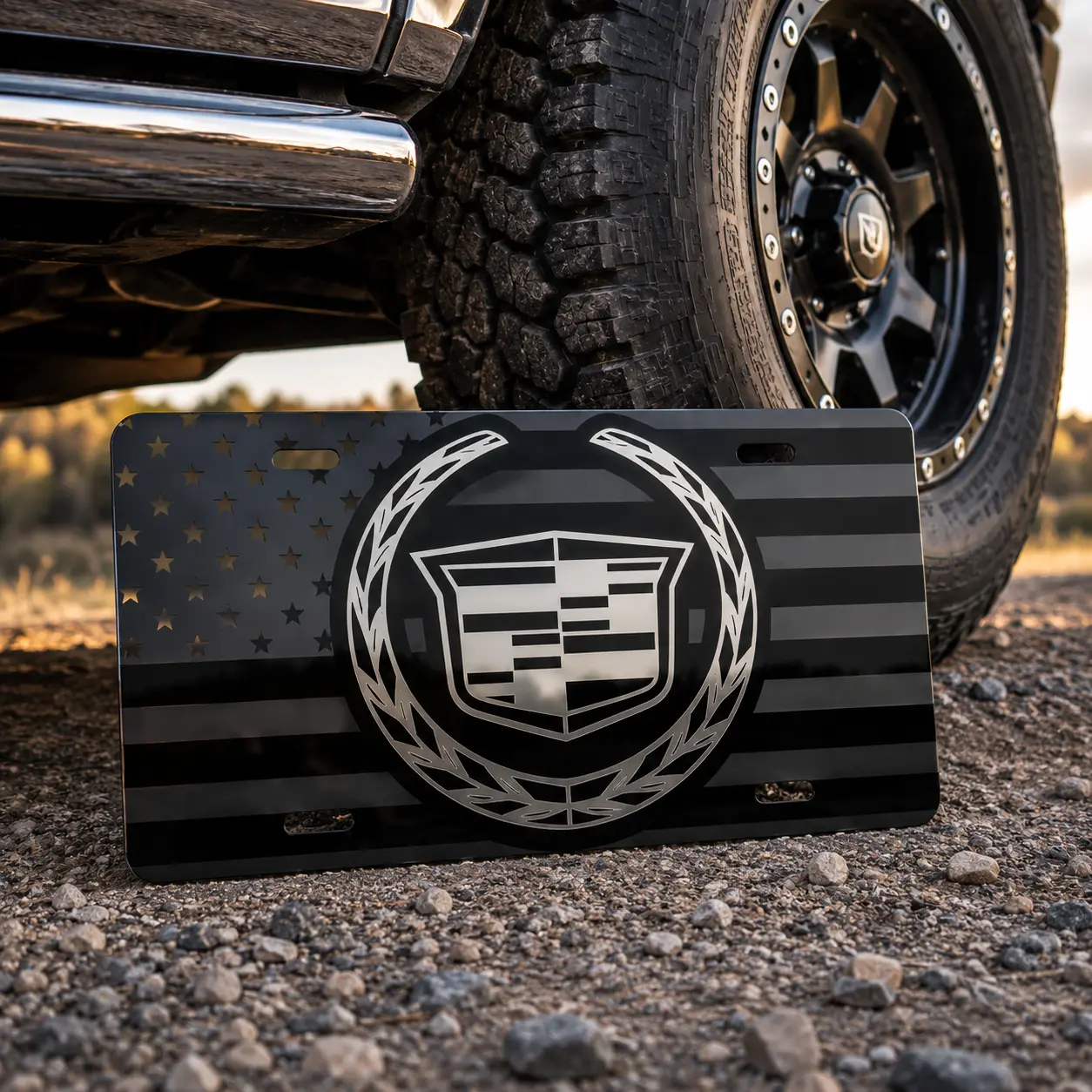 Black American Flag Cadillac Emblem Vanity License Plate – Glossy Aluminum Front Car Tag, Custom Auto Truck Decor Gift