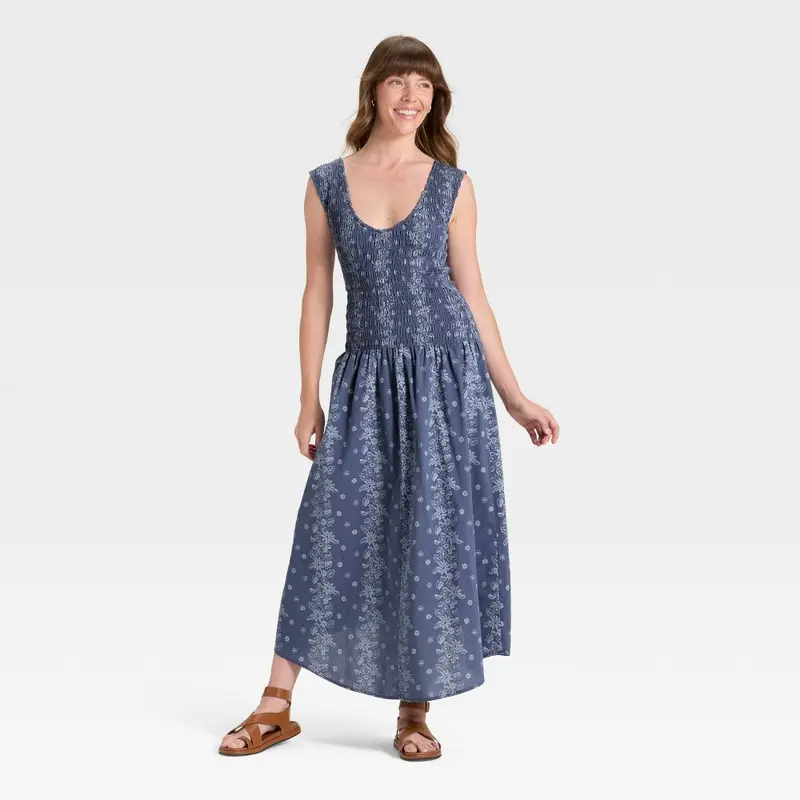 midi stylewe dresses Indigo Cotton Denim Sleeveless Flared Midi Dress 52