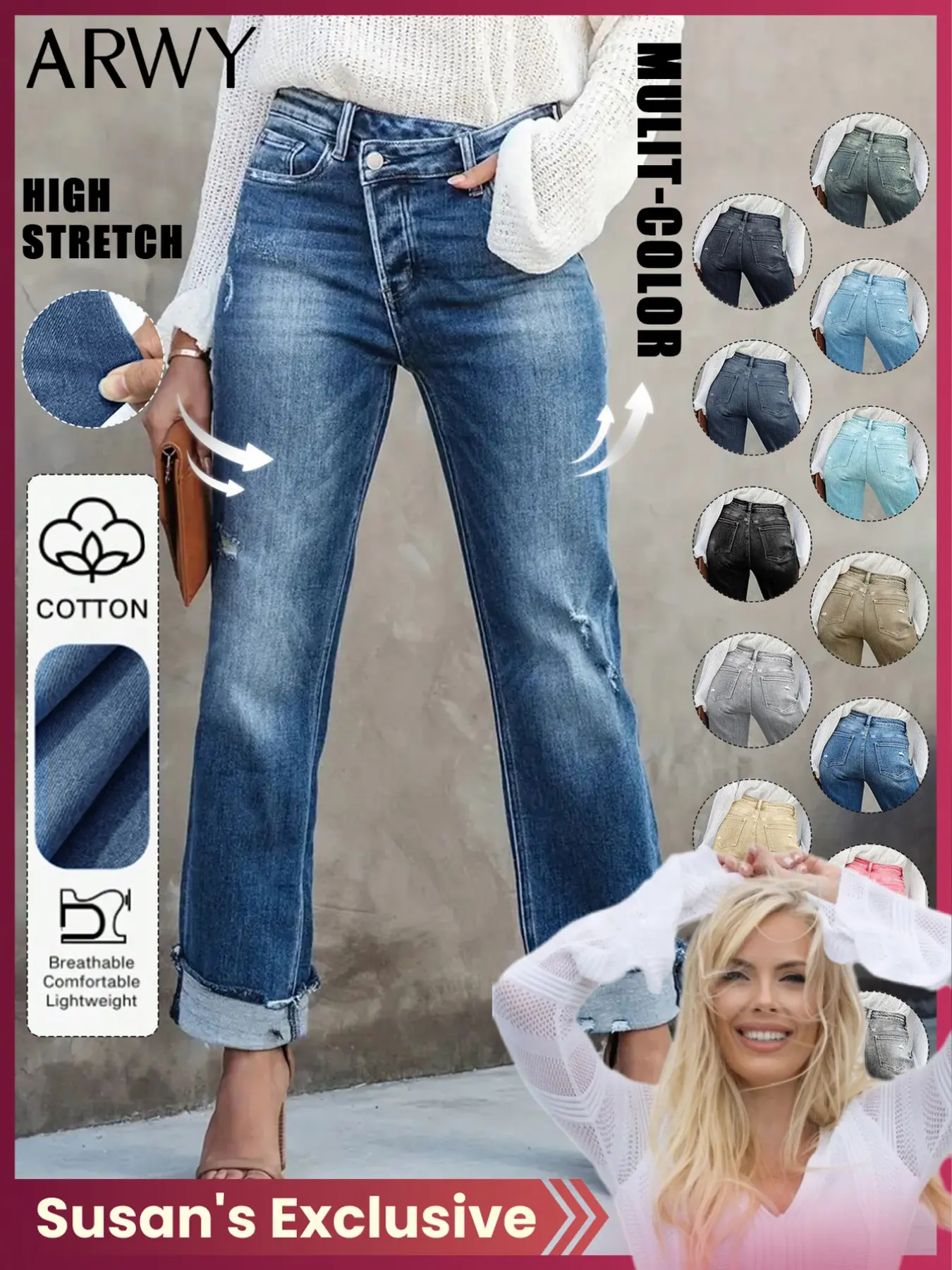 Susan's Women's Casual Streetwear Washed Distressed Asymmetrical Jeans Waist Breathable Cotton Button Front Denim Jeans, Casual Design Jeans, Pockets, Fitted Long Regular Pants, Button Fly, Natural Waist, All Seasons