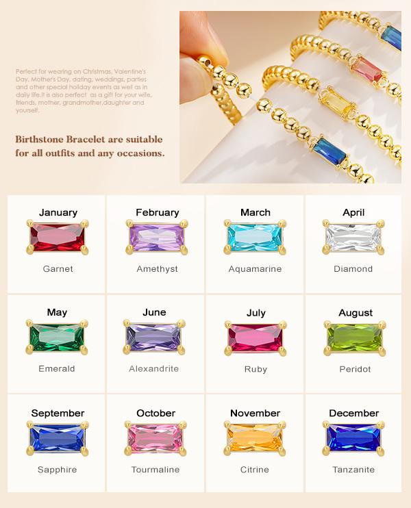Turandoss Birthstone Beaded Bracelet for Women - 14K Gold Plated Bead Elastic Bangle Bracelets Trendy Friendship Birthday Jewelry Gifts for Women