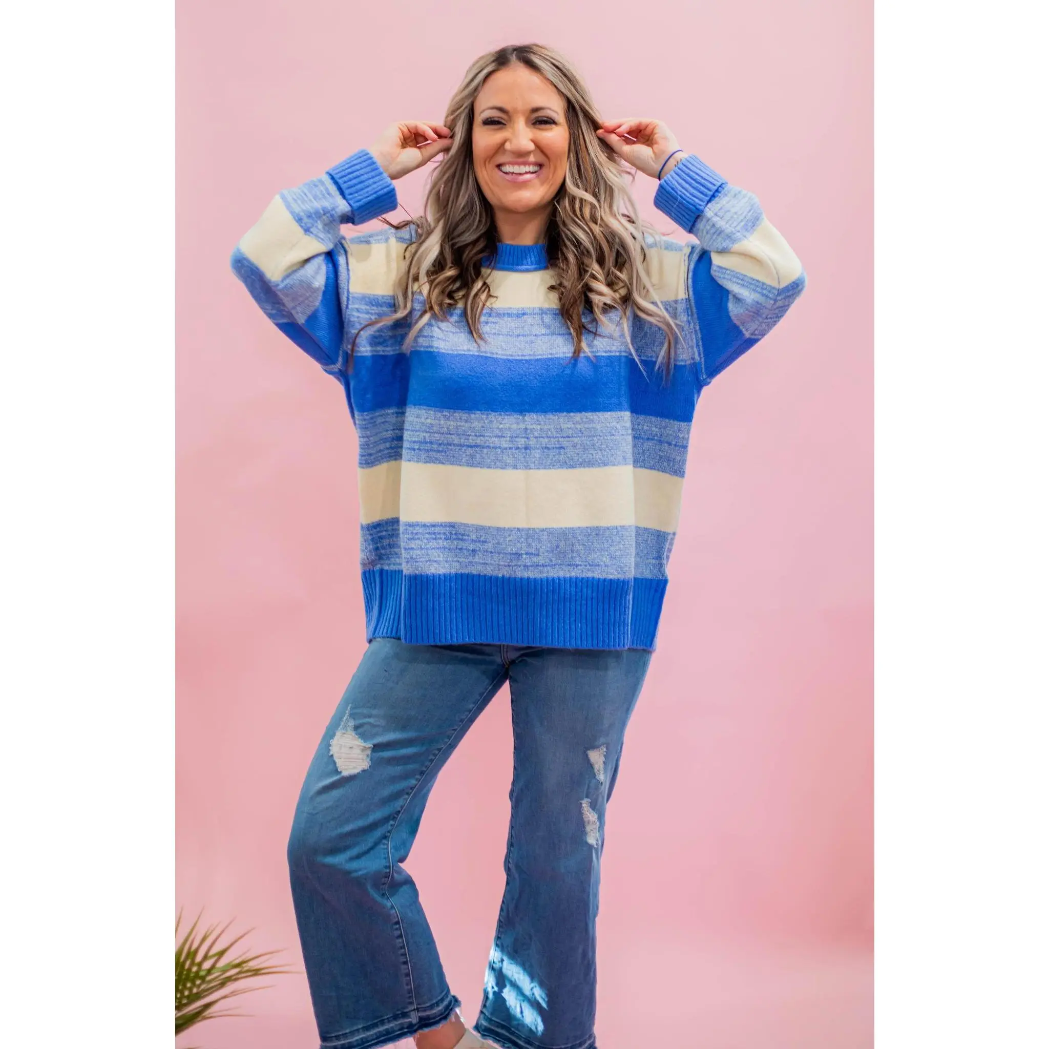 Chunky Knit Blue and Ivory Stripe Sweater
