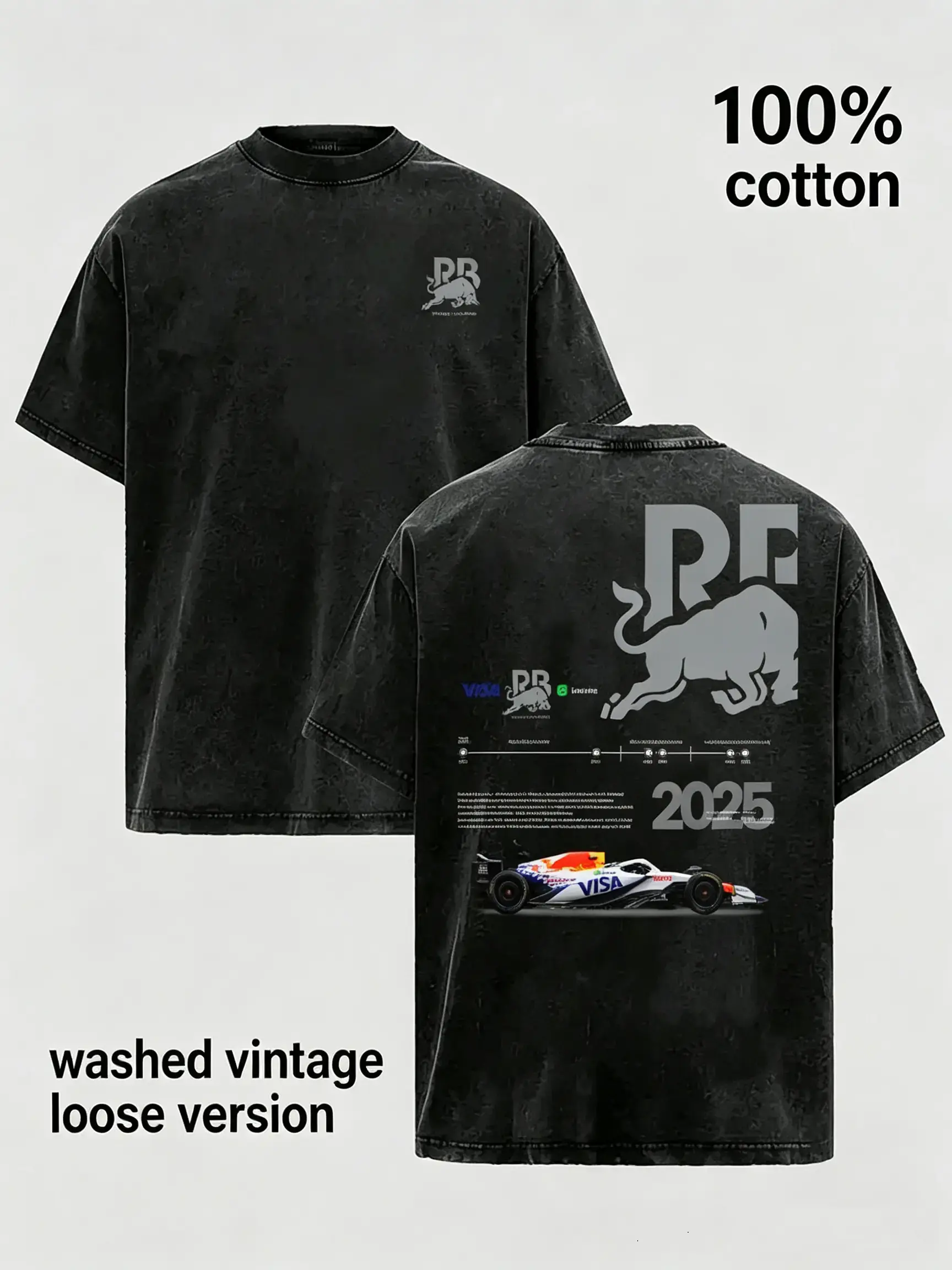 Vintage Washed Racing Graphic T Shirt Men Oversized Streetwear Tee RB Bull Motorsport Formula Style Cotton Loose Fit Acid Wash Tee Y2K Fashion Summer Outfit Casual Unisex Graphic Shirt Gift Trend