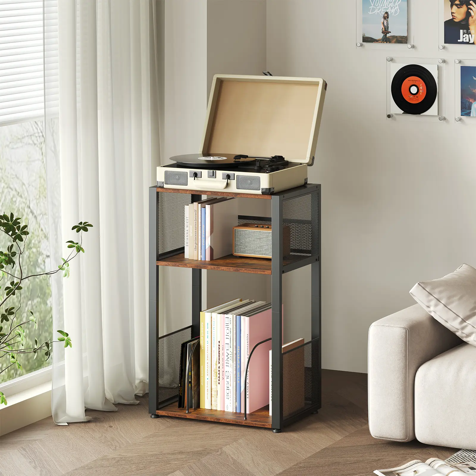 3-Tier Record Player Stand – Holds Up to 100 Vinyl Albums, Turntable Storage Shelf for Living Room, Bedroom & Side Table Use