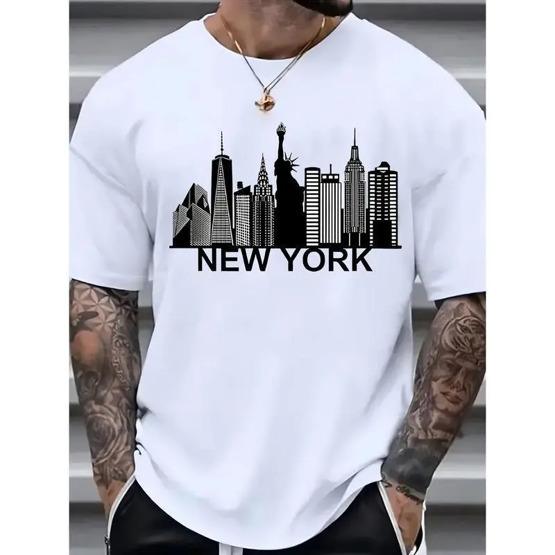 Cotton  sleeve T-shirt [cotton cityscape print tee] breathable cotton New York cityscape print men's T-shirt-casual crew neck,  sleeve, machine washable-White shortlets  streetwear target finds