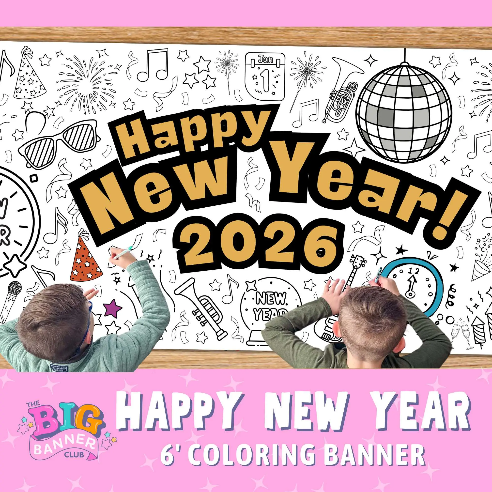 New Years Coloring Banner | Happy New Year| Countdown, Clock, Party, and Confetti | Giant Coloring Banner Paper Tablecloth Table runner