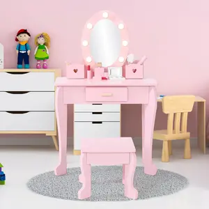 Kids Vanity with Mirror and Stool,Toddler Vanity LED Lighted,Princess Makeup Vanity Table and Chair Set,Girls Makeup Playset,Gift for Children’s Bedroom (Pink)